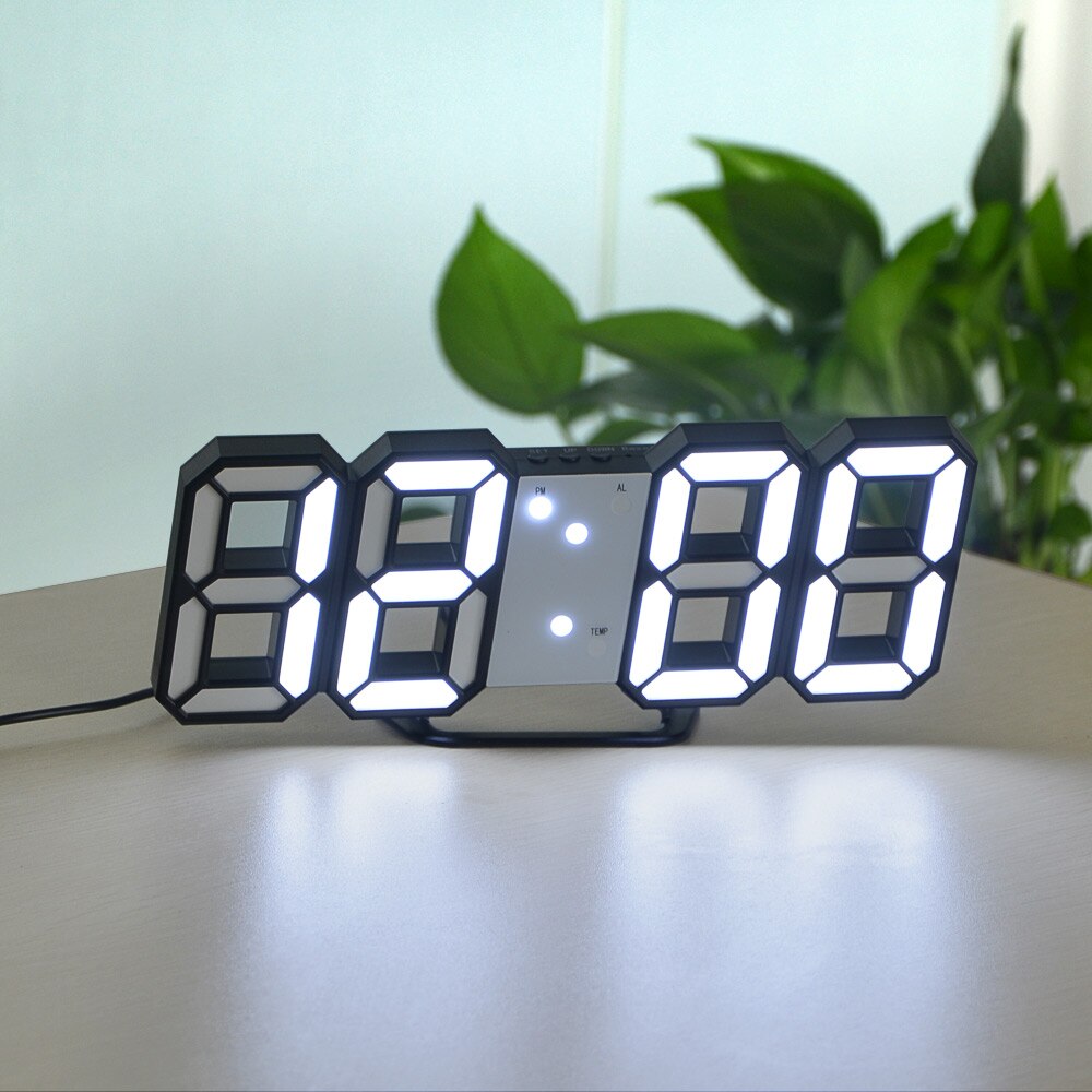 3D Digital Electronic Alarm Clock Hanging Wall Clock 12/24 Hour Calendar Thermometer Snooze Bedroom Desk Office Table Decoration: White B