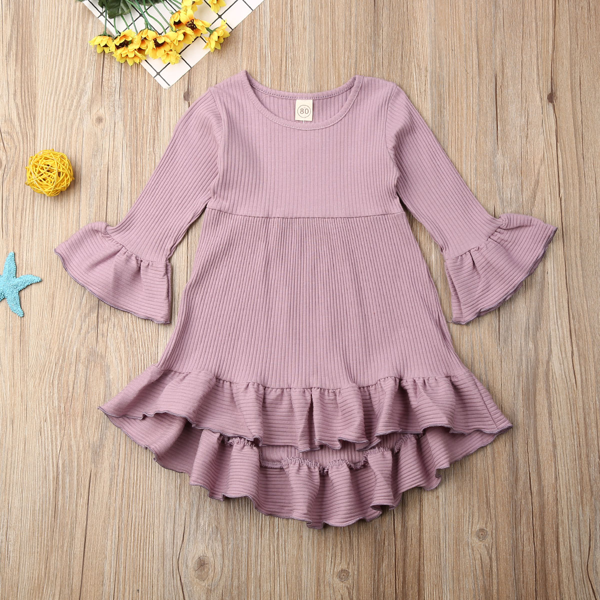 Prinsesse barn baby pige kjole efterårs strik solid lange ærmer flæse tutu kjole bryllup fest tøj