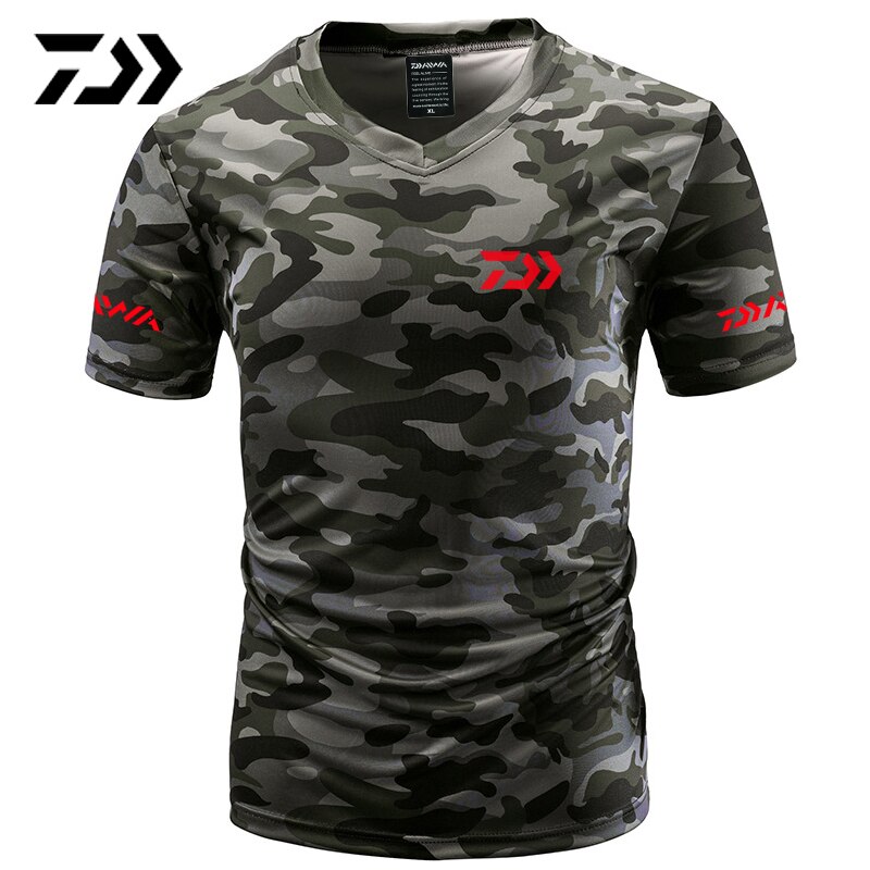 Vissers-t-shirt zomer anti-zweet v-hals camouflage groen vissers-t-shirt sportkleding ademend snel drogende visserskleding: M / 2