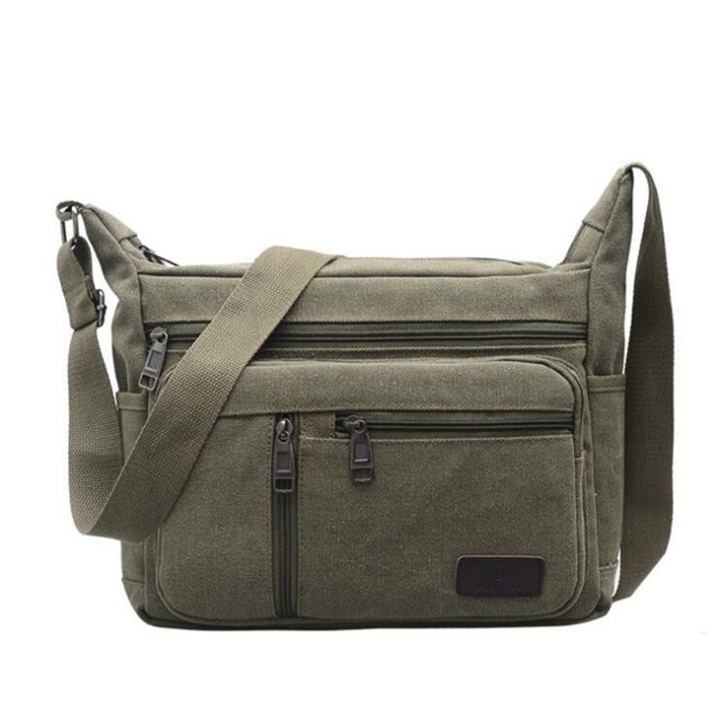 Mænd lærred crossbody tasker enkelt skuldertasker rejse afslappet håndtasker messenger tasker solide lynlås skoletasker til teenagere: Militærgrøn
