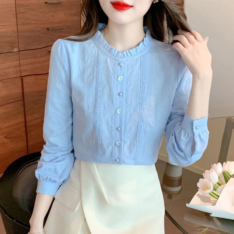 Blusas bordadas para mujer, camisas informales de manga larga con cuello levantado, Blusas de Color sólido, Tops DF4774