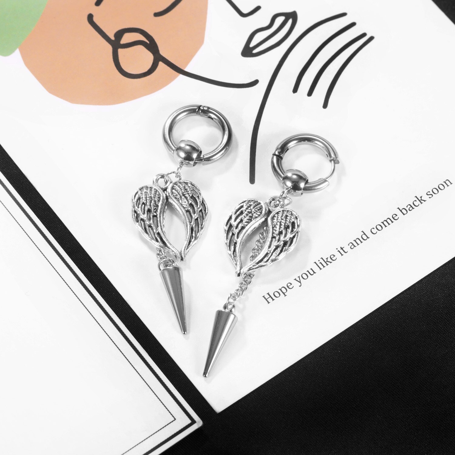 Hip-Hop Wing Tapered Nails Long Tassel Dangle Earrings Stainless Steel Star Punk Earring for Men Cool Jewelry