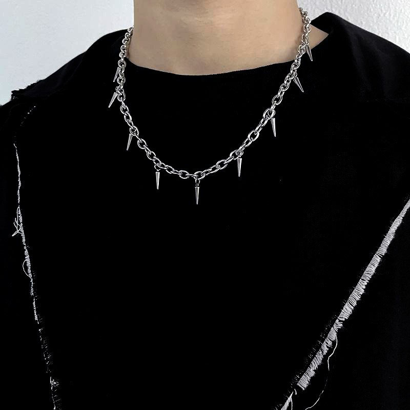 Gargantilla con remaches de cadenas de acero inoxidable para hombre, joyería de cuello Punk de hip hop, cadena de cuello corto con colgante, accesorios góticos