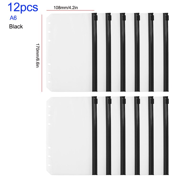 A5 A6 A7 12PCS Binder PocketsBinder Zipper Folders for 6-Ring Notebook Binder Transparent Loose Leaf Pouch Document Filing Bags: 12pcs A6 17x10.8cm