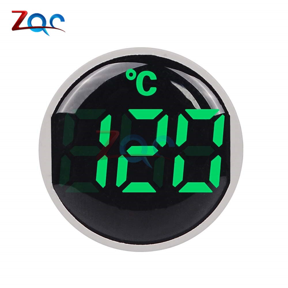 22mm runde lille mini led lys display termometer digital temperaturmåler indikator  ac 50-380v 220v -20-120 'c med 1m sensor: Grøn
