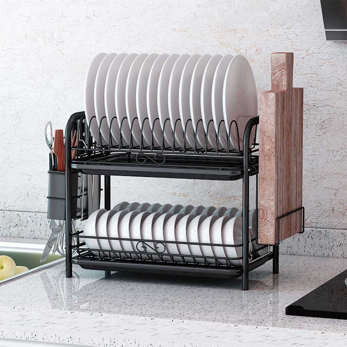 2/3 Tiers Dish Drying Rack Holder Basket Plated Iron Home Washing Great Kitchen Sink Dish Drainer Drying Rack Organizer Black: E 2 Tiers