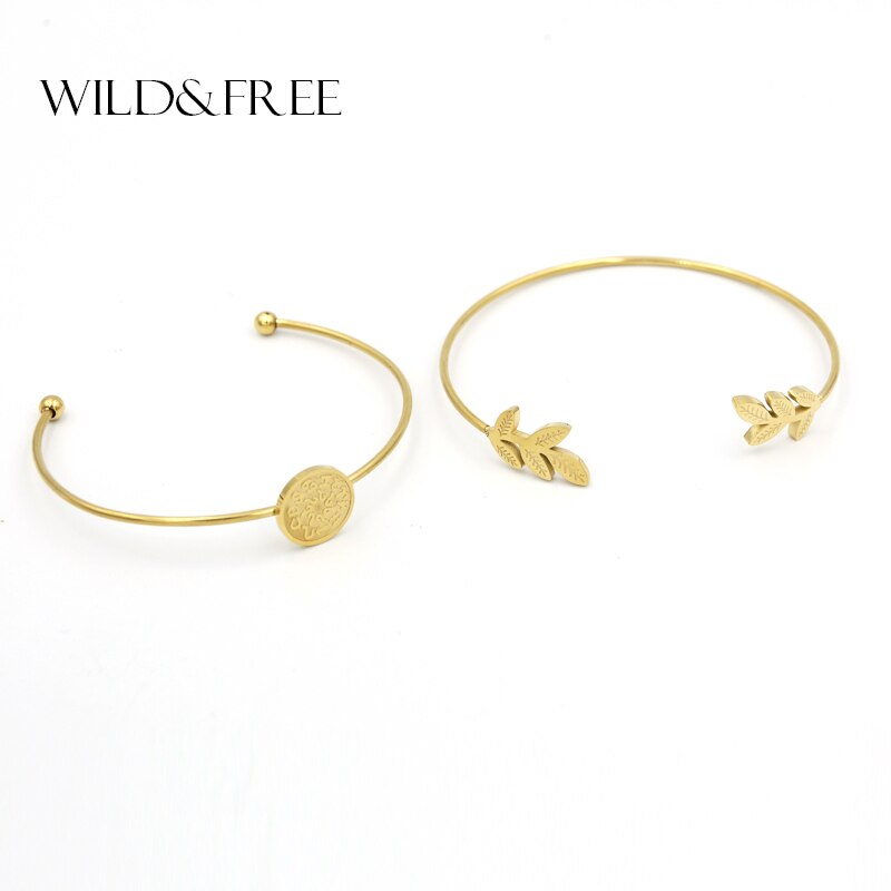 Wilden & Freies Neue Edelstahl Gold Blatt Manschette Armreifen Frauen Blätter Runde bilden Öffnung Armreifen & Armbänder schmuck