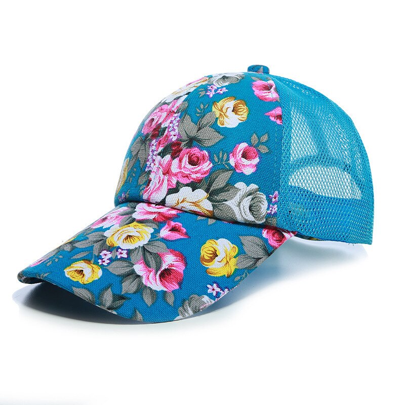 Womens Zomer Caps Netto Trucker Hoed met Gedrukte Bloemen Zwart Rood Blauw Paars
