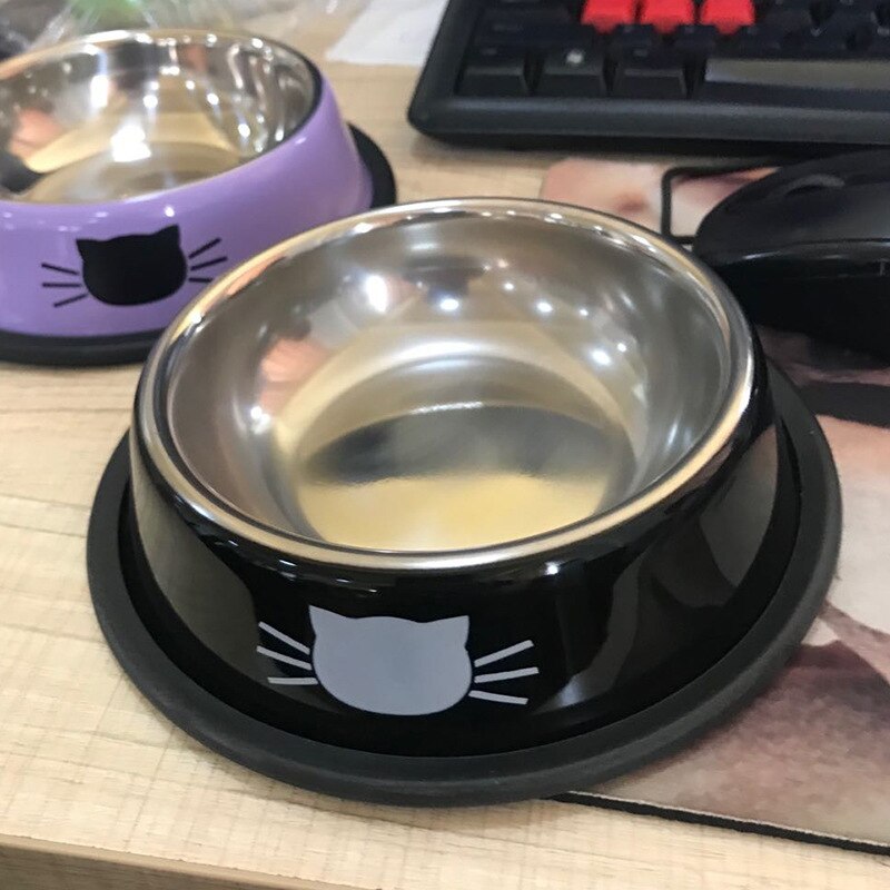 Stainless Steel Dog Bowl Cute Orange Cartoon Print Cats Bowls Food Drink Water Feeder Pets Dog Dish Feeder Tableware: black