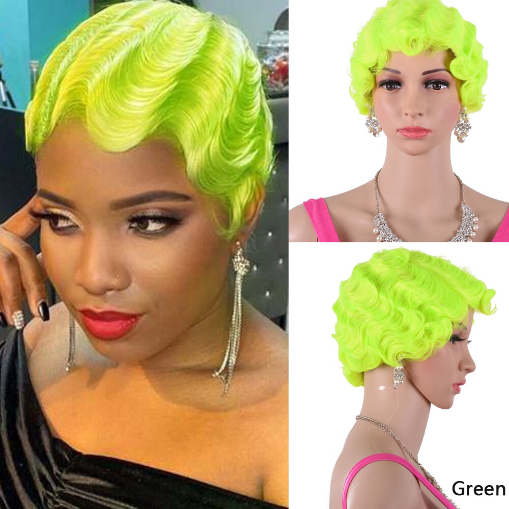 Korte Rode Vinger Wave Pruik Bruin Blonde Krullend Synthetische Pruiken Voor Zwarte Vrouwen Hittebestendige Afro-amerikaanse Pixie Cut Mama pruik: light green