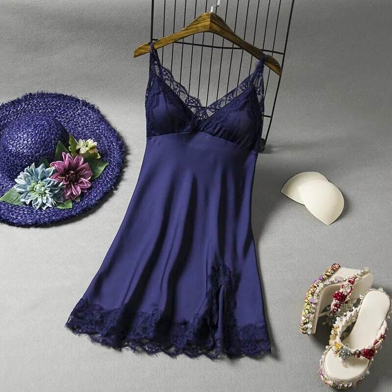 Sexy Lingerie Women Silk Lace Robe Babydoll Nightdress Nightgown Sleepwear Dress 3FS: Navyblue / M