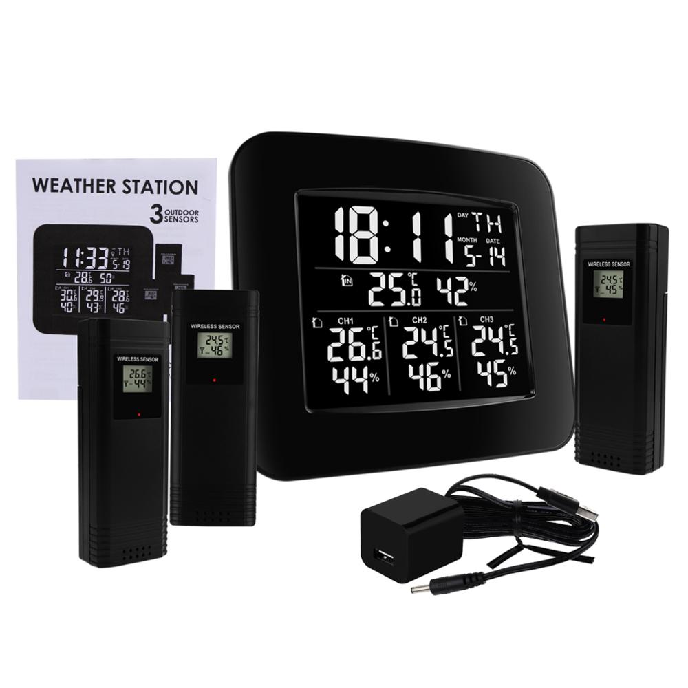 Digital Wireless Weather Station Indoor Outdoor Temperature & Humidity Hygrometer w/ 3 Sensors Alarm Clock Function LED Light