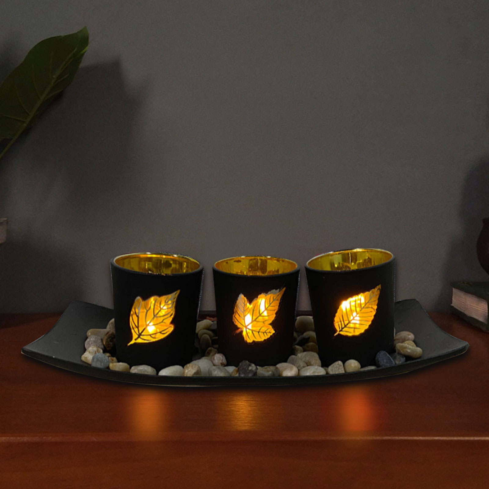 Kandelaars Set Sier Stenen Houten Dienblad Kandelaar Decoratieve Hollow Leaf Led Elektronische Kaarshouder