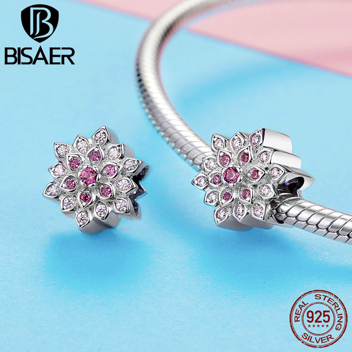 BISAER Echt 925 Sterling Silber Rosa verrotten Lotus Blume Perlen passen Reize Armbänder & Armreifen Sterling Silber Schmuck EFC038