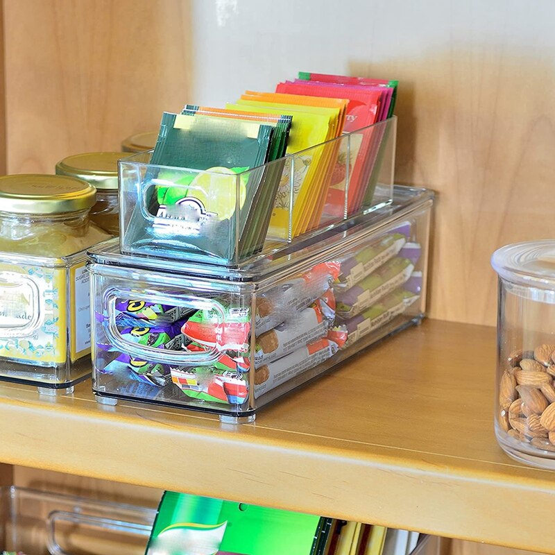 2 Pcs Stackable Plastic Storage Organizer Container Bins With Lids, Stackable Storage Bins With Handler For Refrigerator