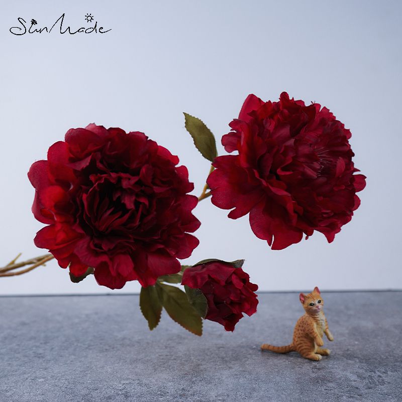 Sunmade 3-Head Grote Pioen Tak Kunstbloemen Woonkamer Decoratie Bruiloft Fall Decor Bloemstuk Diy: Retro Red