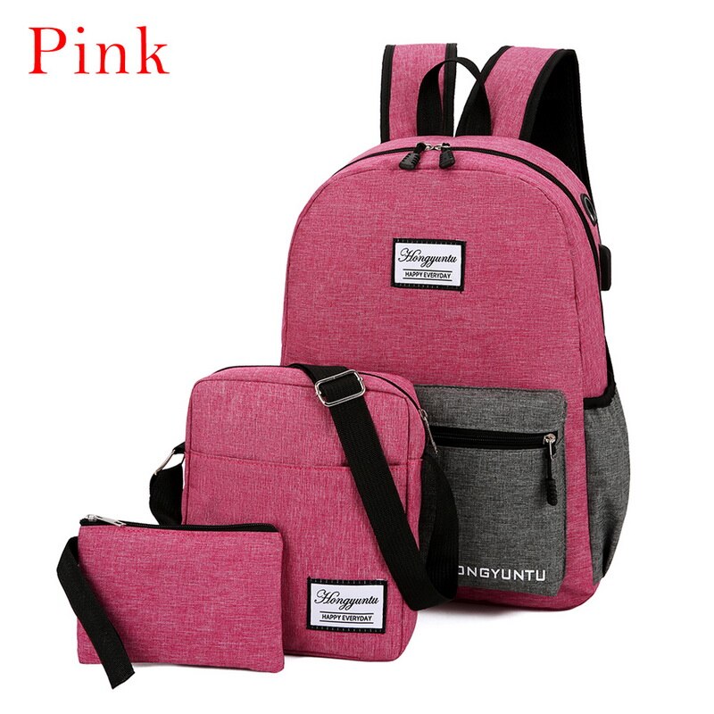 MoneRffi USB Lade Leinwand Rucksack 3 teile/satz Frauen Schule Rucksäcke Schulranzen Für Jugendliche Mann Student Buch Tasche Jungen Satchel: pink3