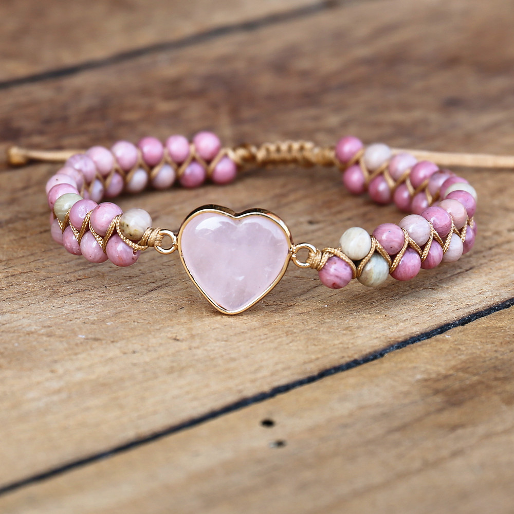 4Mm Rhodonite Roze Crystal Heart Charm Armbanden Vrouwen Bohemen Yoga String Gevlochten Lover Wrap Armband Handgemaakte Sieraden