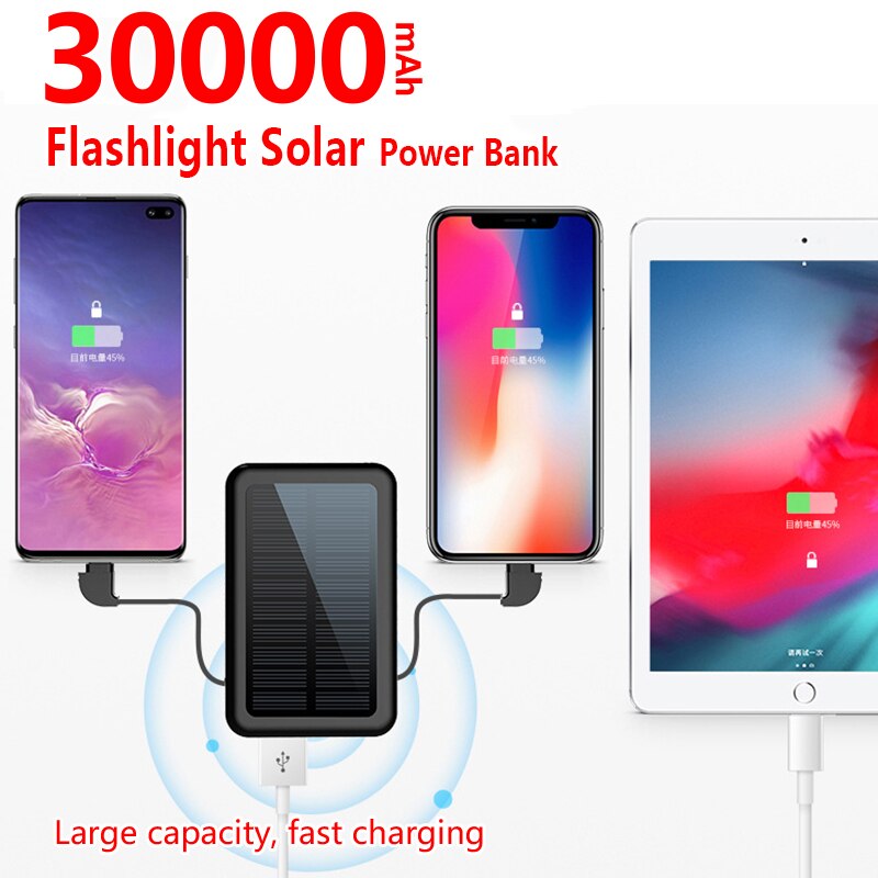 30000Mah Solar Power Bank Snelle Charger Ingebouwde Kabel Lcd Type C Powerbank Voor Alle Smartphones Power Bank Draagbare opladen