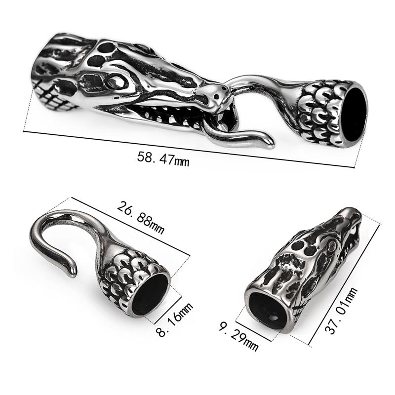 Men Stainless Steel Snake Wolf Head Bracelet Clasps Hooks Hole 8mm 6mm Leather Cord End Caps Cord Connector for Jewelry Findings