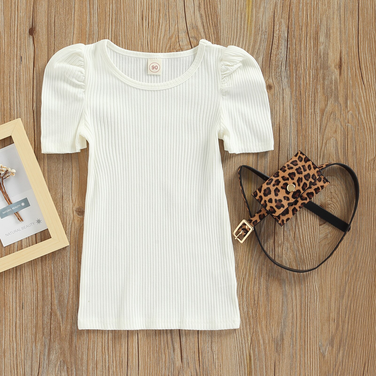 1-6Y Mode Kinderen Zomer Jurken Effen Kleur Kid Meisje Korte Mouwen Ronde Hals Jurk Met Luipaard Patroon Fanny Pack