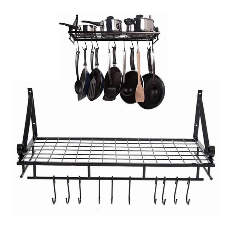 Kitchen Wall Mounted Cookware Storage Shelf With Hook Pot Pan Rack Holder Hanger Kitchen Storage Rack Tableware Organizer