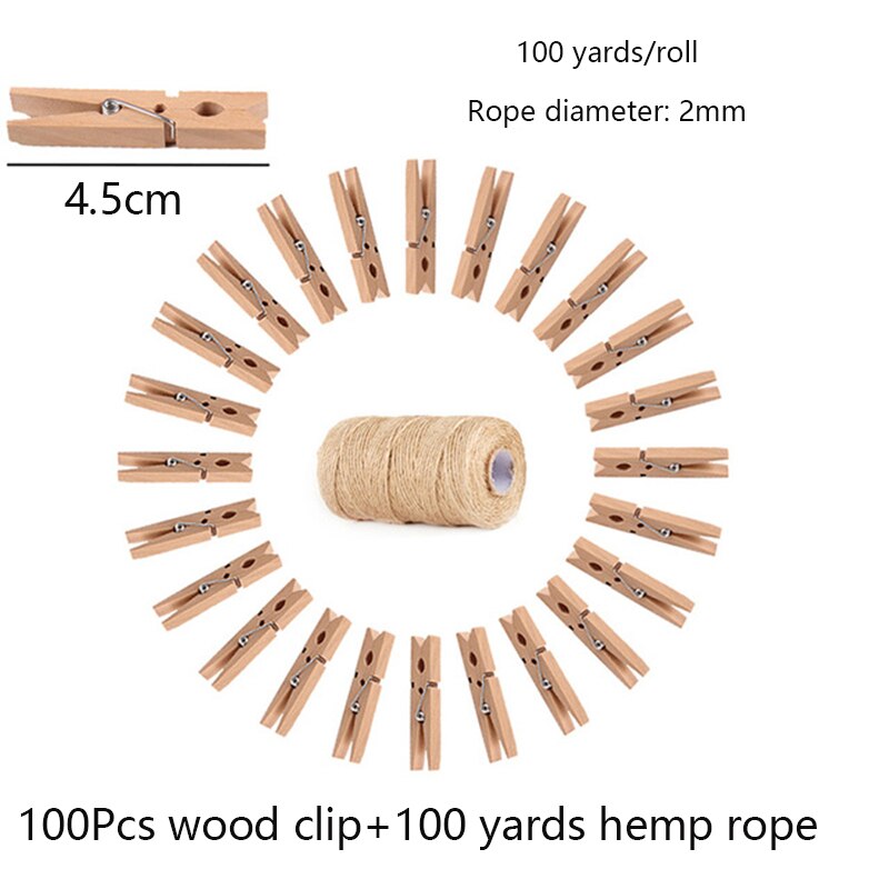 Pinza para fotos de madera de 100 Uds., pinza de madera decorativa, cuerda de cáñamo de 100 yardas, pinzas para ropa de almacenamiento para el hogar, pinzas decorativas: 4.5cm