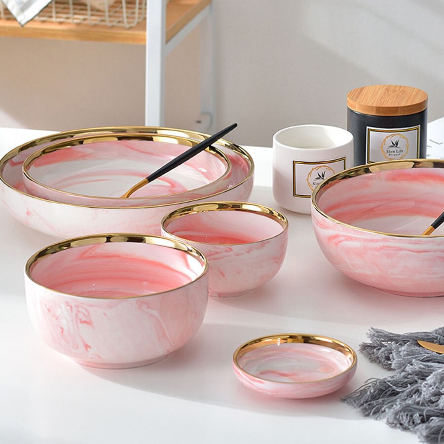 1pc pink marmor keramisk middagstallerken risnudler salatskål suppe tallerkener frugt spisestel sæt hjemmeservice køkken kok