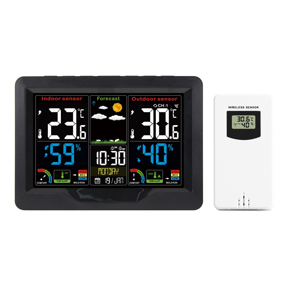 FanJu-estación meteorológica Digital FJ3383C, reloj con pantalla a Color, barómetro, termómetro, higrómetro, Sensor al aire libre con tendencia de riesgo de moho: FJ3383C