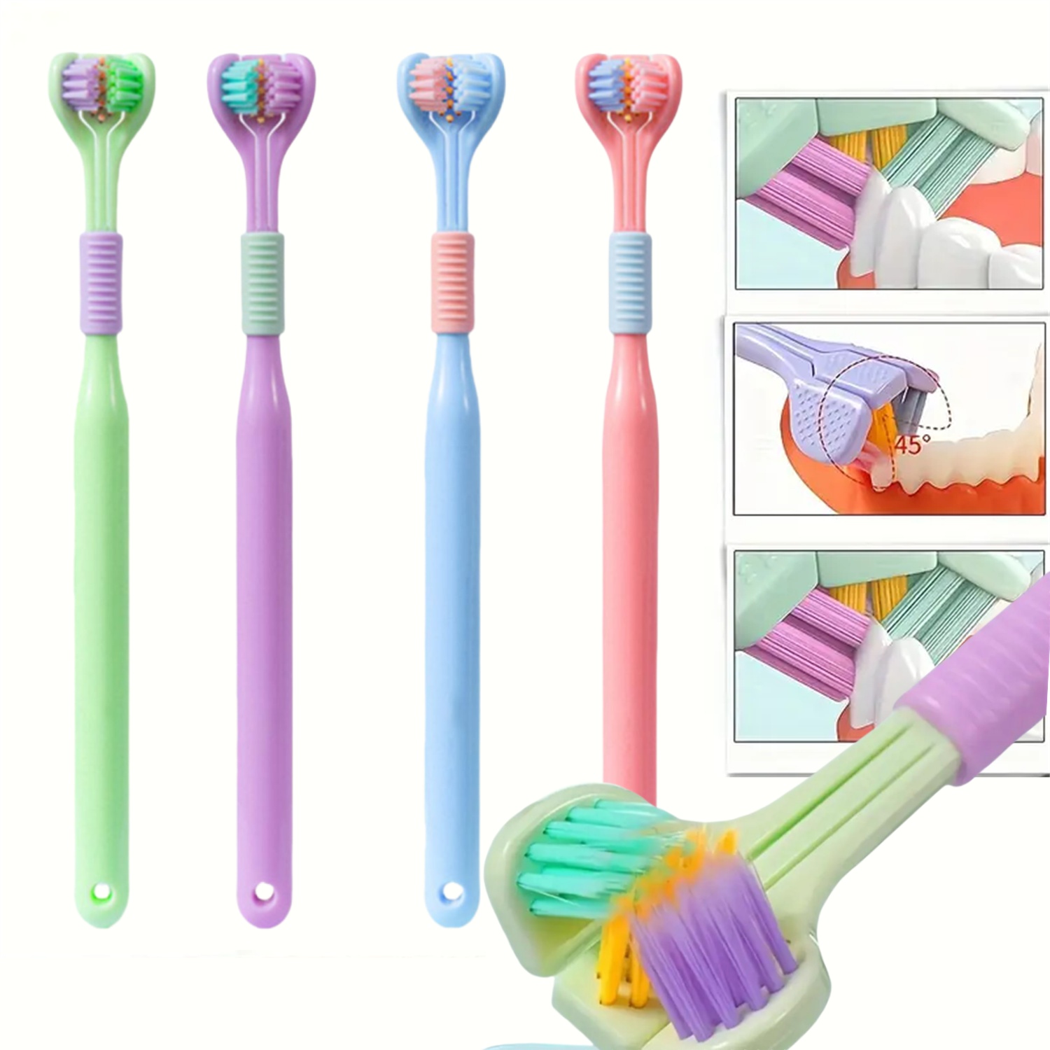 Cepillo de dientes de 3 lados de cerdas suaves, limpieza suave, cepillo de dientes para adultos para el cuidado completo de las encías, sensorial para autismo, herramienta de salud bucal, 4 Uds.