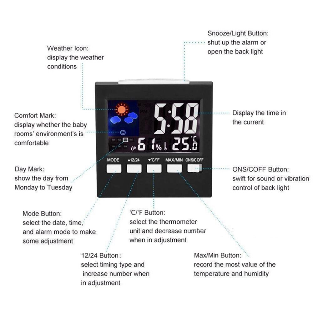 Wekker Temperatuur Vochtigheid Monitor Thermometer Kleur Lcd-scherm Thuis Decor Wekker Weerstation Alarm