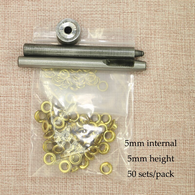 Flugzeug Blende Kupfer Metall Kreisförmige Hohl Nieten und Werkzeuge Abmessungen 50 stücke für 5/6/8/10mm interne durchmesser ösen werkzeuge: 5mm Gold Werkzeug