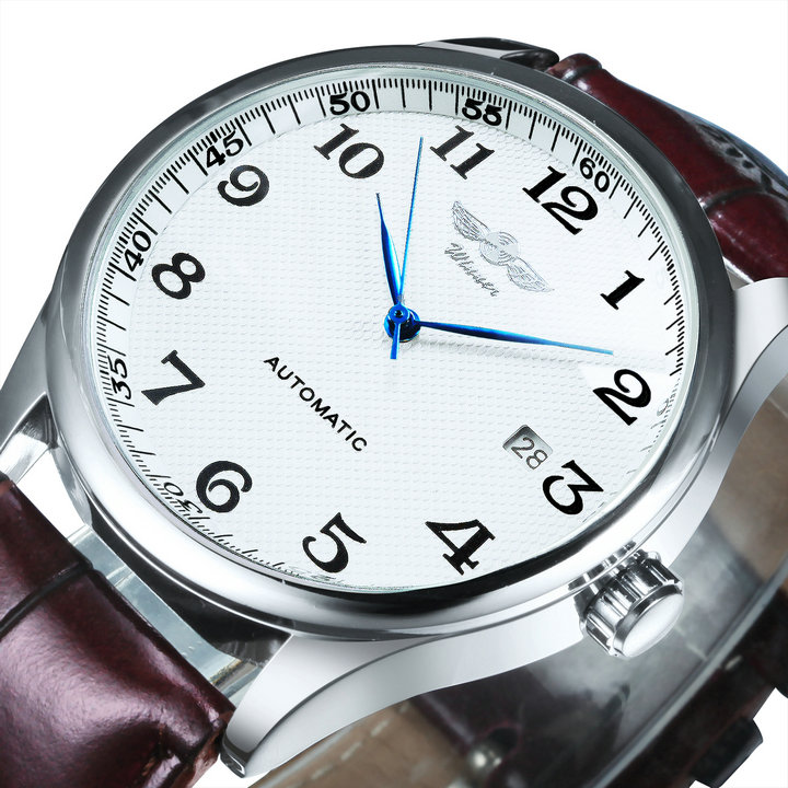 Winner Klassische Business-Armbanduhr für Herren, Retro-Kalender, blaue Zeiger, automatische mechanische Uhren, Top, Luxus-Stahl-Ledergürtel: Brown