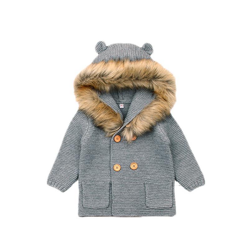 Winter Sweater Cartoon For Baby Girls Cardigan With Ears Newborn Boys Knitted Jackets With Hood Autumn Children Long Sleeve Coat: gray / 18M