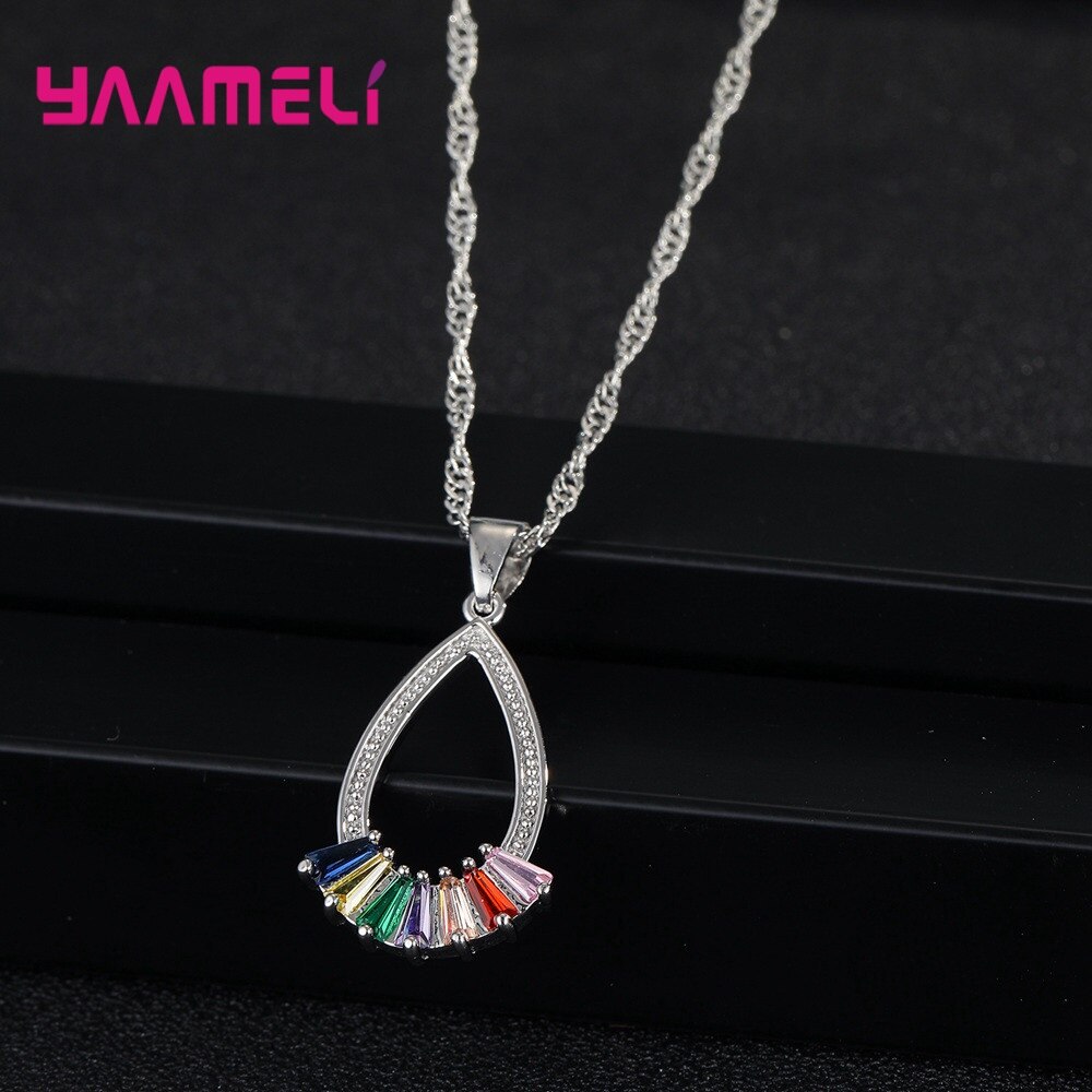 Elegante 925 Sterling Silber Frauen Schmuck setzt Bunte AAA Zirkon Klassische Wasser Tropfen Anhänger Halskette Band Ohrringe