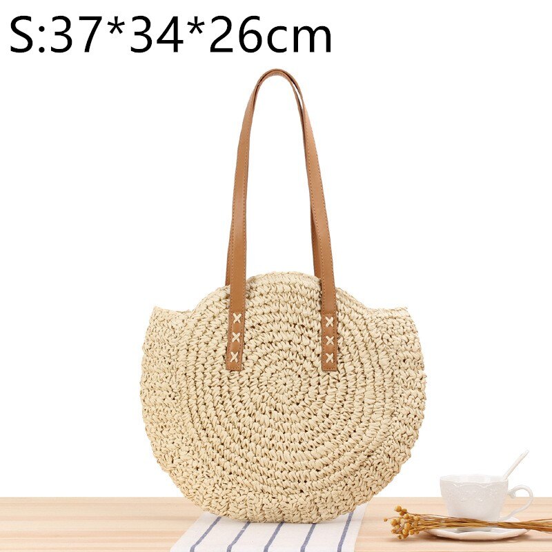 Bolso de playa de paja para mujer, bolsa de rafia tejida a mano de estilo bohemio e informal y con redondo para el verano: Beige  S