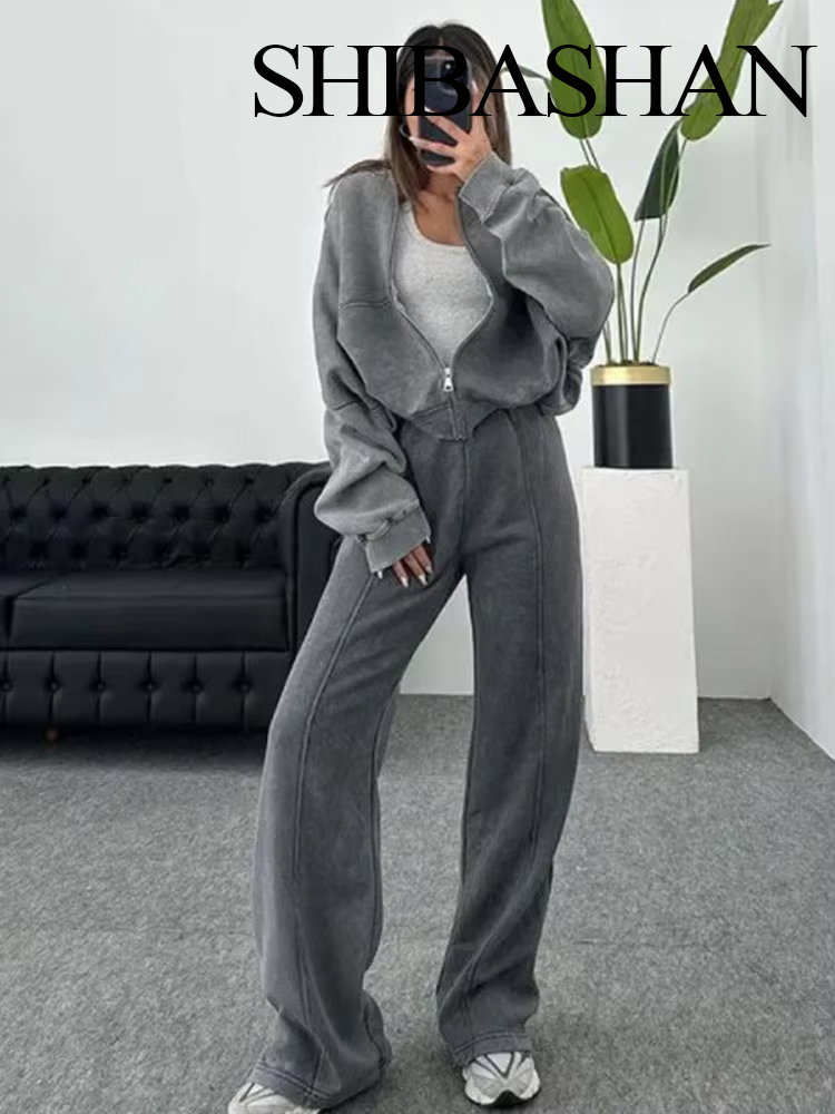 HH otoño mujer Casual sólido traje deportivo manga larga cremallera chaqueta Bomber abrigo + pantalones sueltos de cintura elástica conjuntos de pantalones