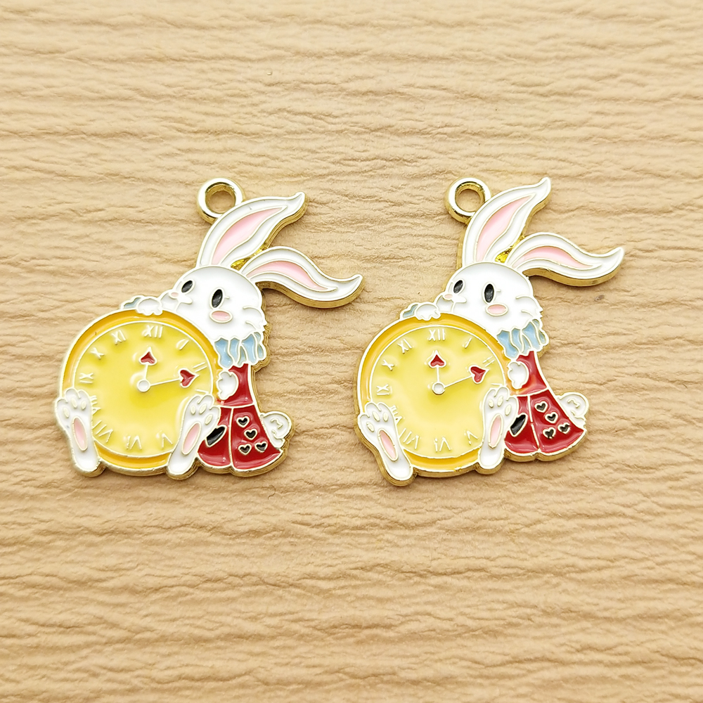 Alice Lapin Dessin Animé Horloge Charme, Accessoires De Bijoux, Boucle D'oreille En Émail, Pendentif, Bricolage, Fournitures De Direction, Alliage De Métal Plaqué Or, 10Pcs: MARRON