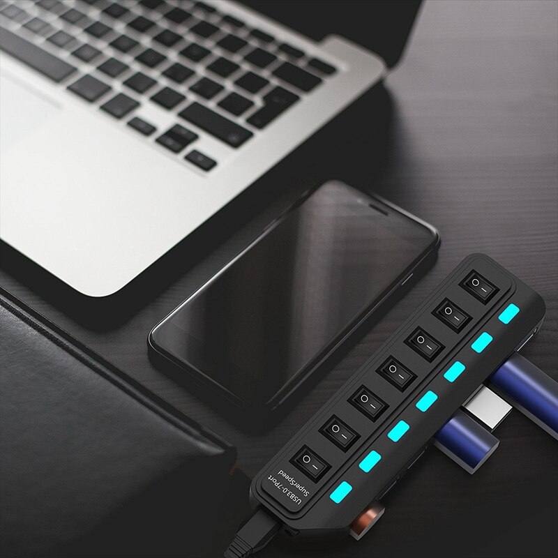 Divisor do cubo 3.0 de usb, cubo de dados de usb de 7 portas com interruptores e luzes individuais de ligar/desligar para o portátil, pc, computador