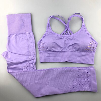 Seamless Yoga Set Women Fitness Clothing Sportswear Woman Gym Leggings Padded Push-up Strappy Sports Bra 2 Pcs Sports Suits: violet / L