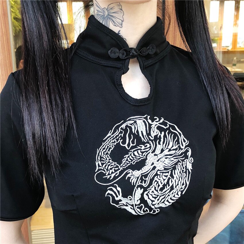 Bordado Cheongsam vestido chino para mujeres Casual Dragon Party Qipao gótico Streetwear Vestidos Asian Clothes chicas Kawaii
