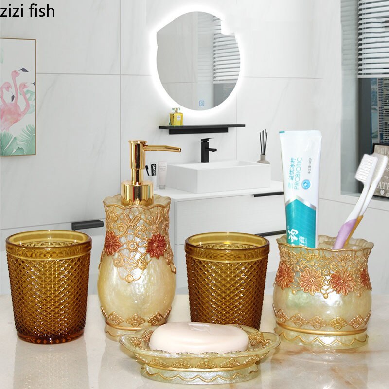 Klassieke Bloem Patroon Hars Badkamer Accessoires Tandpasta Houder Bad Lotion Fles Mond Cup Wc Borstel Bad Benodigdheden