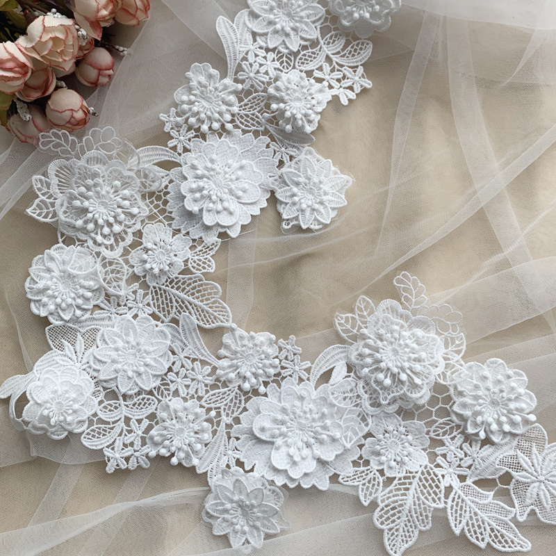 Melk Zijde Borduurwerk Meerlagig 3D Bloemen Kant Spiegel Applique, Decoratief Naaien Accessoires, Trouwjurken, RS2899