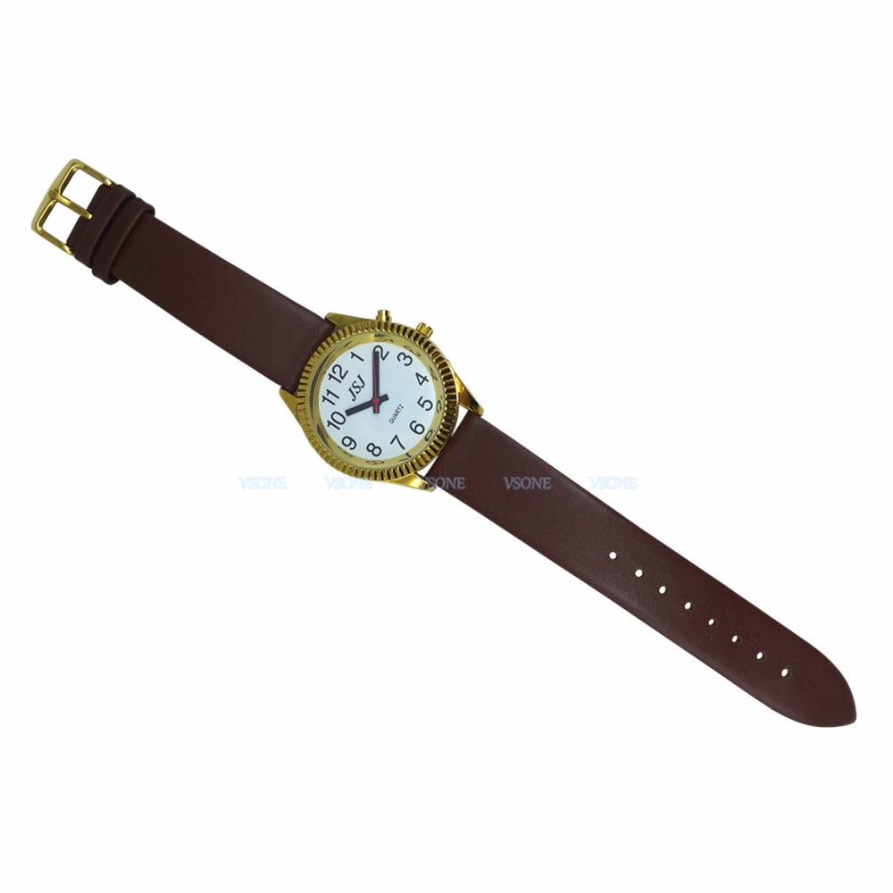 Spanish Talking Watch with Alarm Function, White Dial, Brown Leather Band, Golden Case B4-G206W-TS