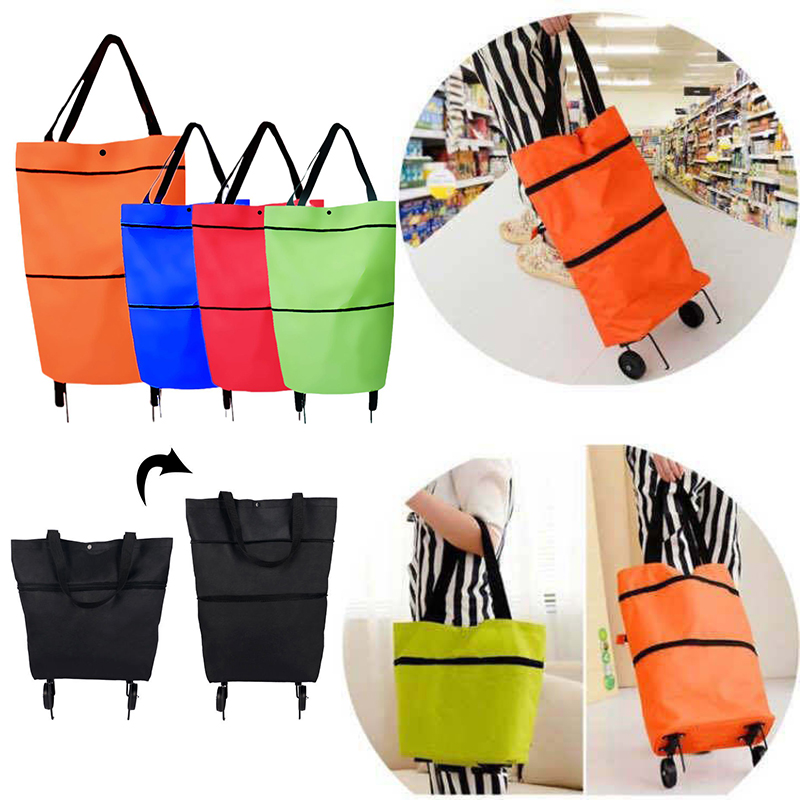 2 In 1 Foldable Shopping Cart Collapsible Two-Stage Zipper Folding Shopping Bag With Wheels Foldable organizador