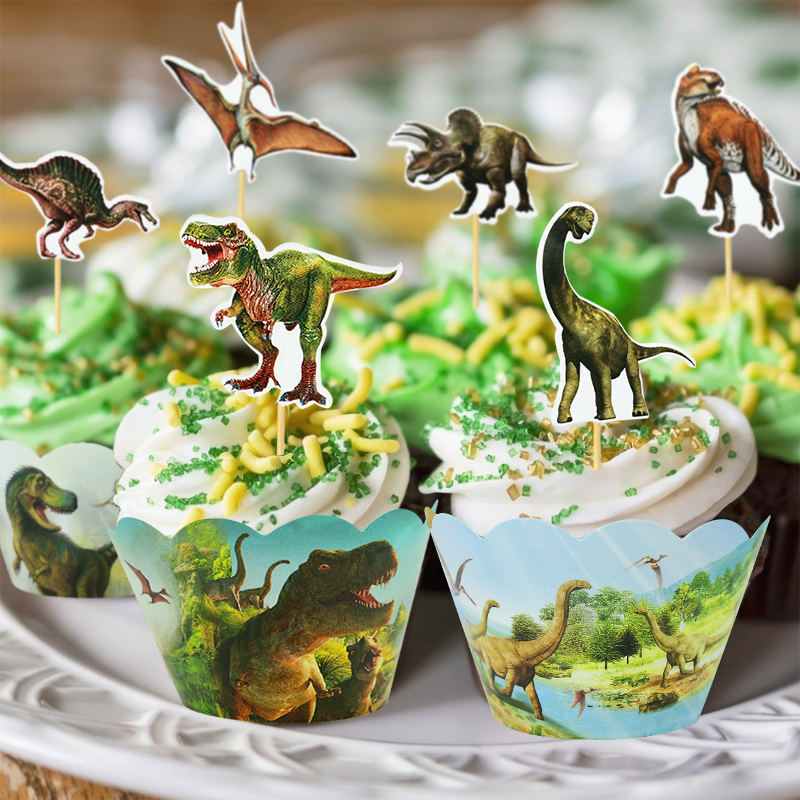 24 Uds. Envoltorios para cupcakes de dinosaurios, adornos para pasteles, tema de dinosaurio para niños, animales de la selva, suministros de decoración para pasteles de de cumpleaños