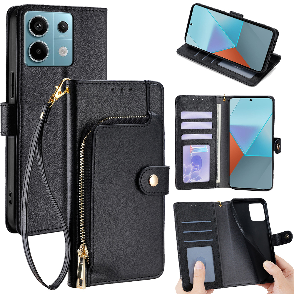 Poco  x6 virksomhet-skinndeksel i klaff til telefon til xiaomi poco  x6 x5 x4 x3 x2 pro 5g gt nfc-glidelåslommebokdeksel med kortspor og snor