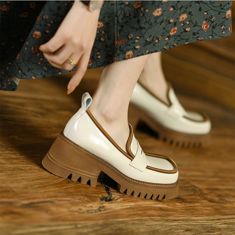 Mocasines de para mujer, zapatos de tacón alto sin cordones, con punta cuadrada Retro, con plataforma, talla 35-40, 2022