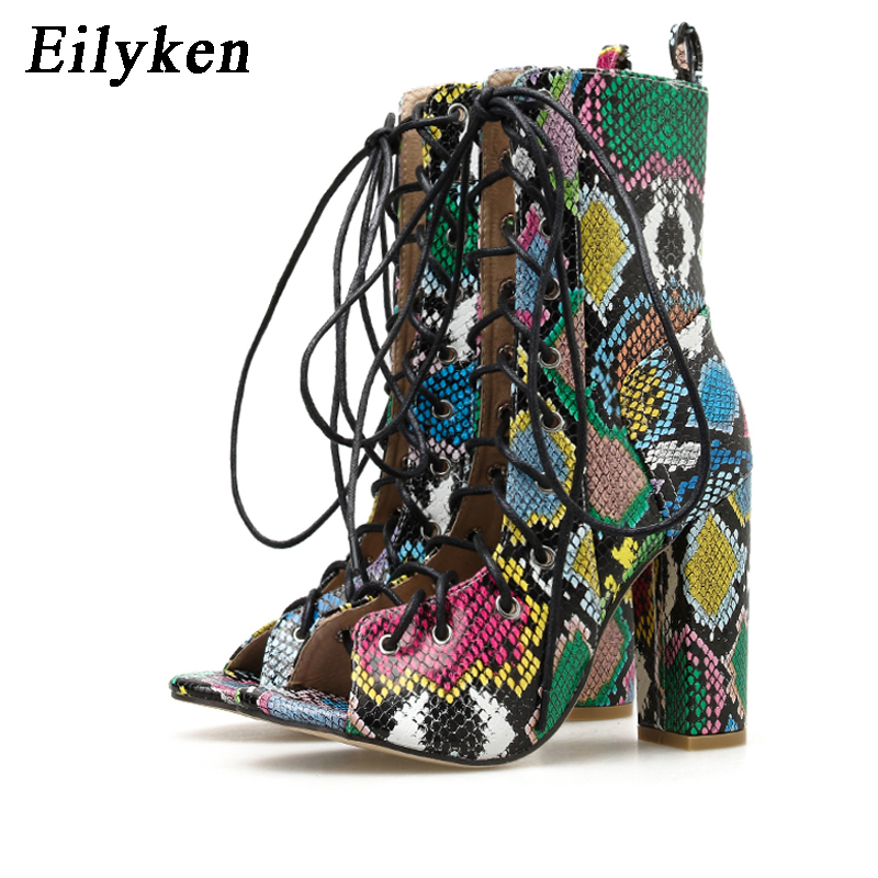Eilyken zomer gemengde kleuren slangenprint dames enkellaarsjes sandalen pu leer open teen holle kruis veterschoenen: 36