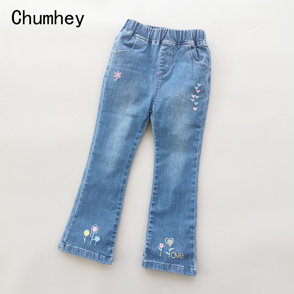 Chumhey 3-10T Girls Jeans Spring Autumn Kids Jeans Embroidery Flowers Soft Stretchy Denim Trousers Children Clothing Clothes